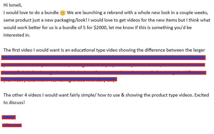 Email from a brand offering a $2000 bundle deal for 5 videos